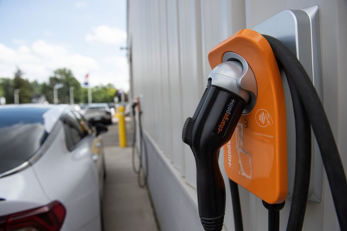 A ChargePoint electric vehicle (EV) charging station at the Lafontaine Kia dealership in Detroit, Michigan, US, on Thursday, July 13, 2023.